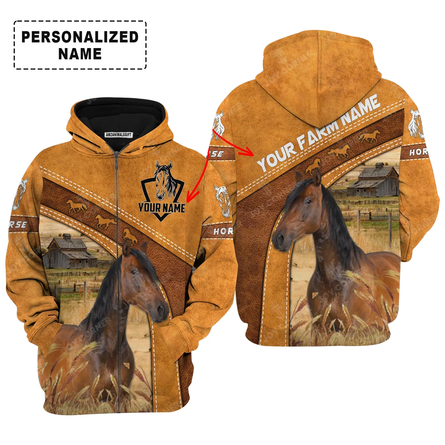 Personalized Horse Hoodie, Horse On The Farm Leather Pattern Custom Shirt For Friend, Family, Farmer, Horse Lovers - Image 3