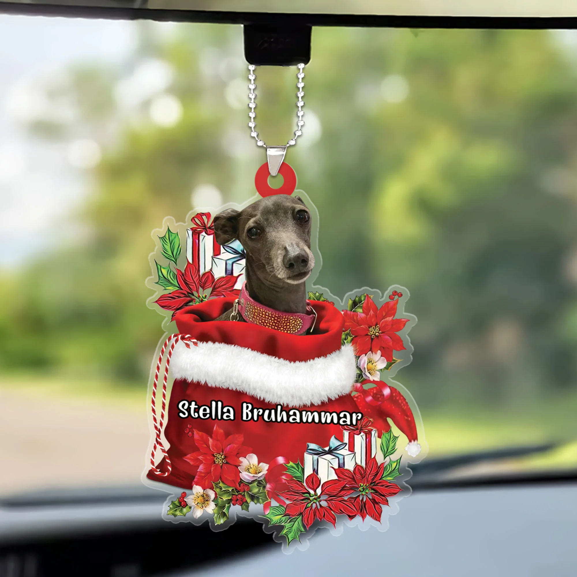 Personalized Italian Greyhound In Red Gift Bag Christmas Car Ornament, Custom Name Christmas Gift For Dog Lovers, Dog Mom - Image 2