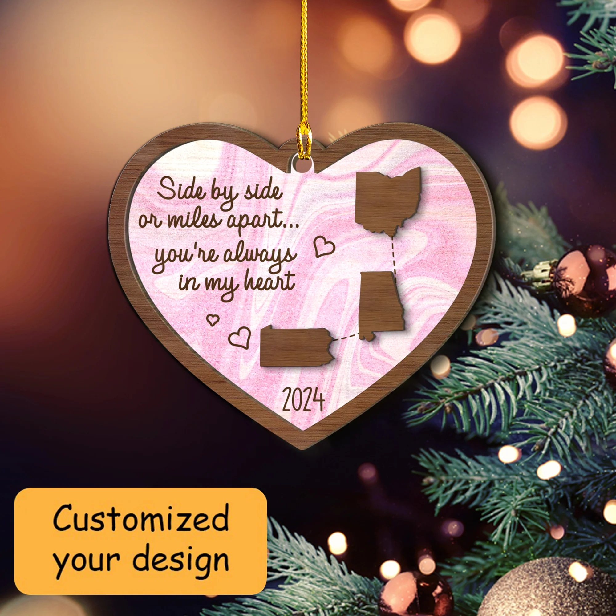 Personalized Miles Apart Long Distance Family Friends Siblings Sisters State Map 2-Layer Wood Ornament, Togetherness Christmas Gift - Image 2