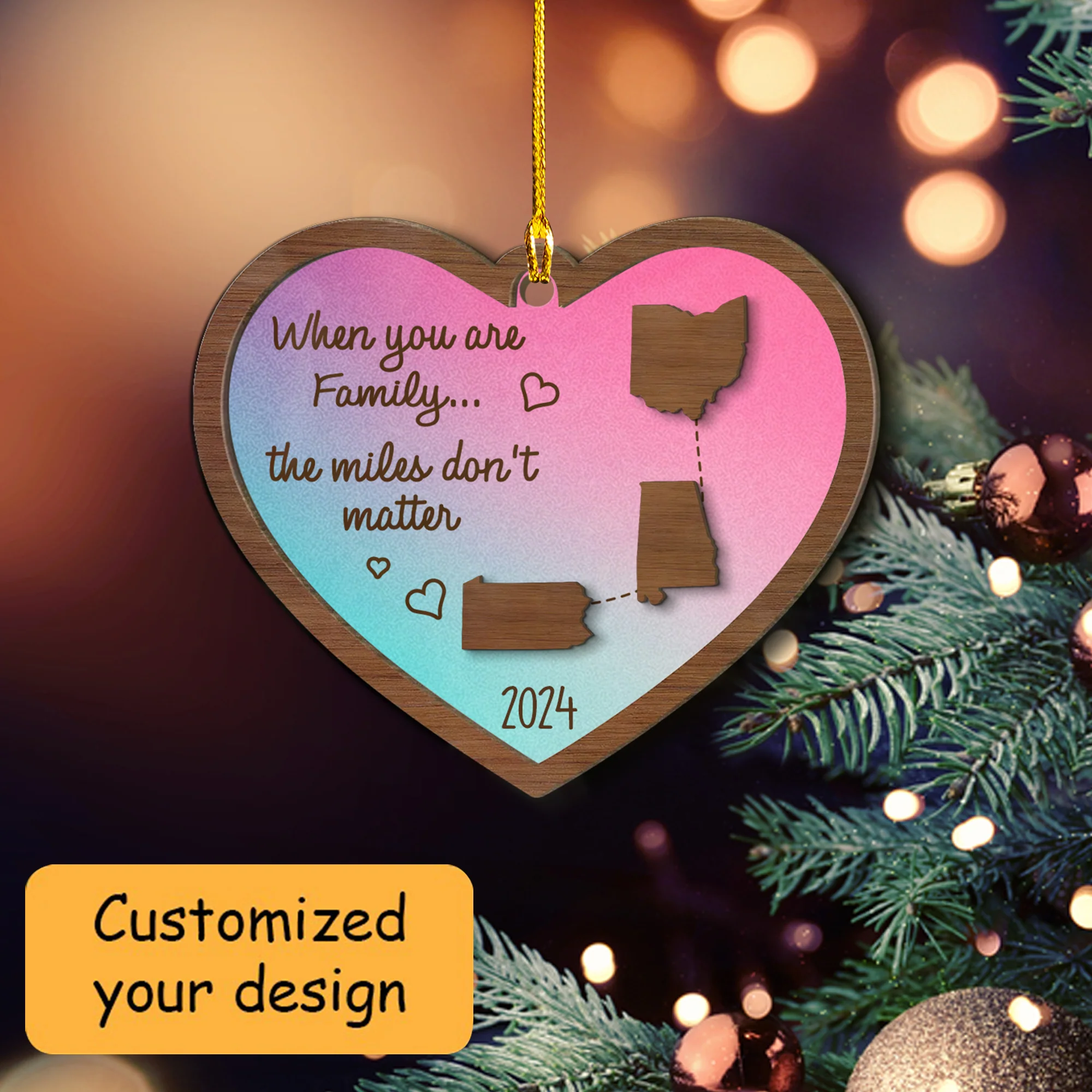 Personalized Miles Apart Long Distance Family Friends Siblings Sisters State Map 2-Layer Wood Ornament, Togetherness Christmas Gift - Image 3