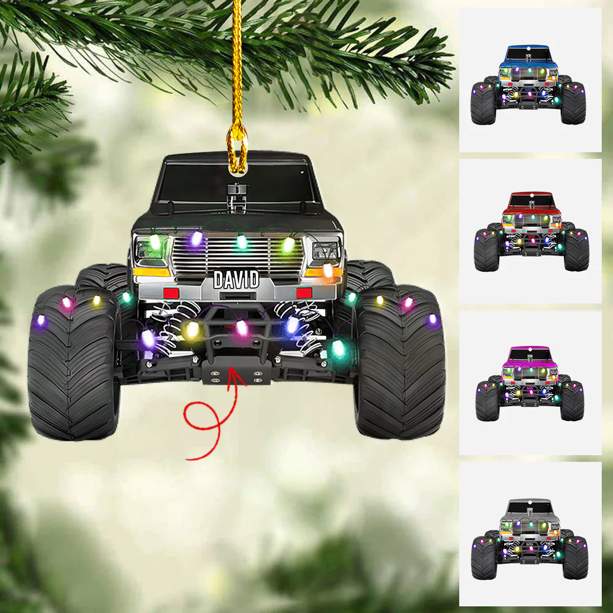 Personalized Monster Truck Vehicle With Christmas Light Flat Acrylic Ornament, Ornament Gift For Grandson, Son - Image 2