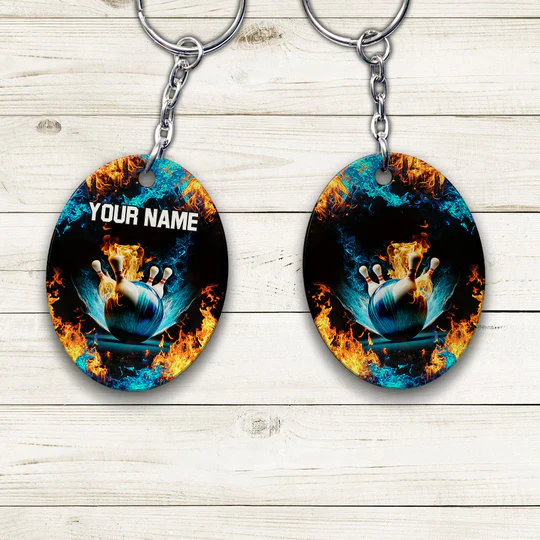 Personalized Name Blue Bowling Ball And Pins On Fire Acrylic Keychain - Christmas Gift For Bowling Lovers, Bowling Team, Family, Friends - Image 3