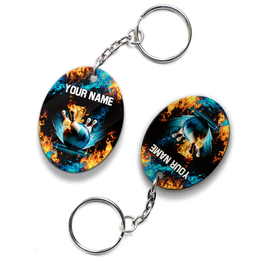 Personalized Name Blue Bowling Ball And Pins On Fire Acrylic Keychain - Christmas Gift For Bowling Lovers, Bowling Team, Family, Friends - Image 4