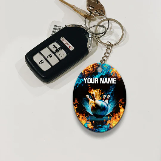 Personalized Name Blue Bowling Ball And Pins On Fire Acrylic Keychain - Christmas Gift For Bowling Lovers, Bowling Team, Family, Friends - Image 5