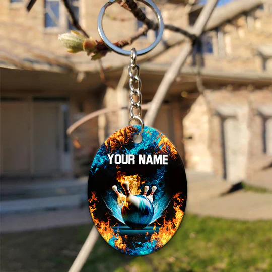 Personalized Name Blue Bowling Ball And Pins On Fire Acrylic Keychain - Christmas Gift For Bowling Lovers, Bowling Team, Family, Friends - Image 6