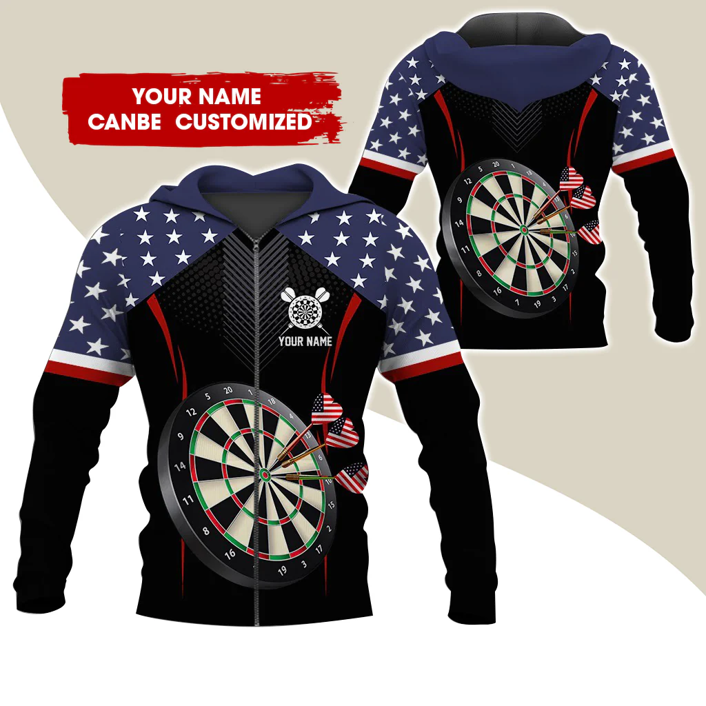 Personalized Name Darts Premium Zip Hoodie, Customized American Flag Darts Zip Hoodie For Men & Women - Gift For Darts Lovers, Darts Players