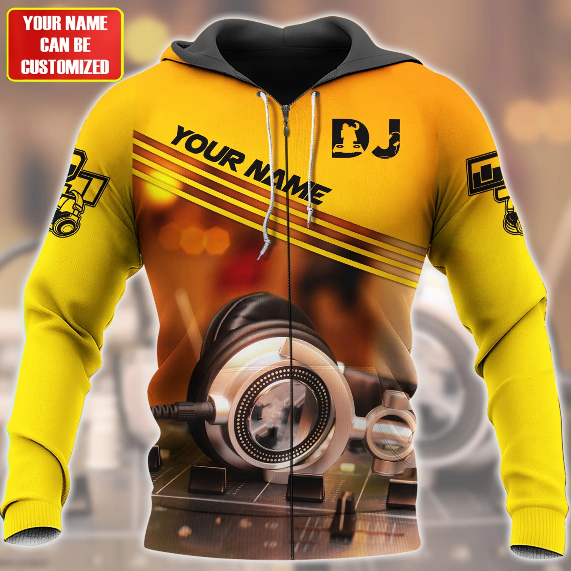 Personalized Name Disc Jockey Hoodie - Custom Name DJ Hoodie, Deejay Gear Yellow Hoodie, Perfect DJ Hoodie for Men & Women - Image 2