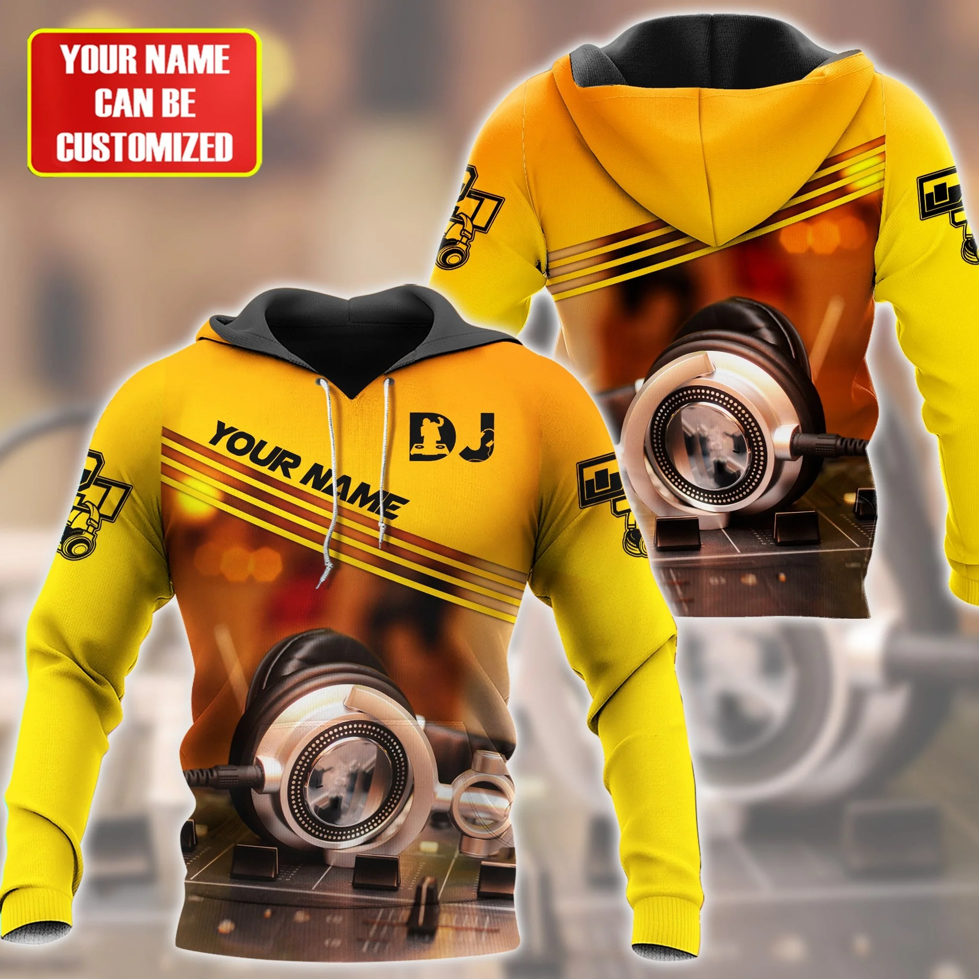 Personalized Name Disc Jockey Hoodie - Custom Name DJ Hoodie, Deejay Gear Yellow Hoodie, Perfect DJ Hoodie for Men & Women - Image 3
