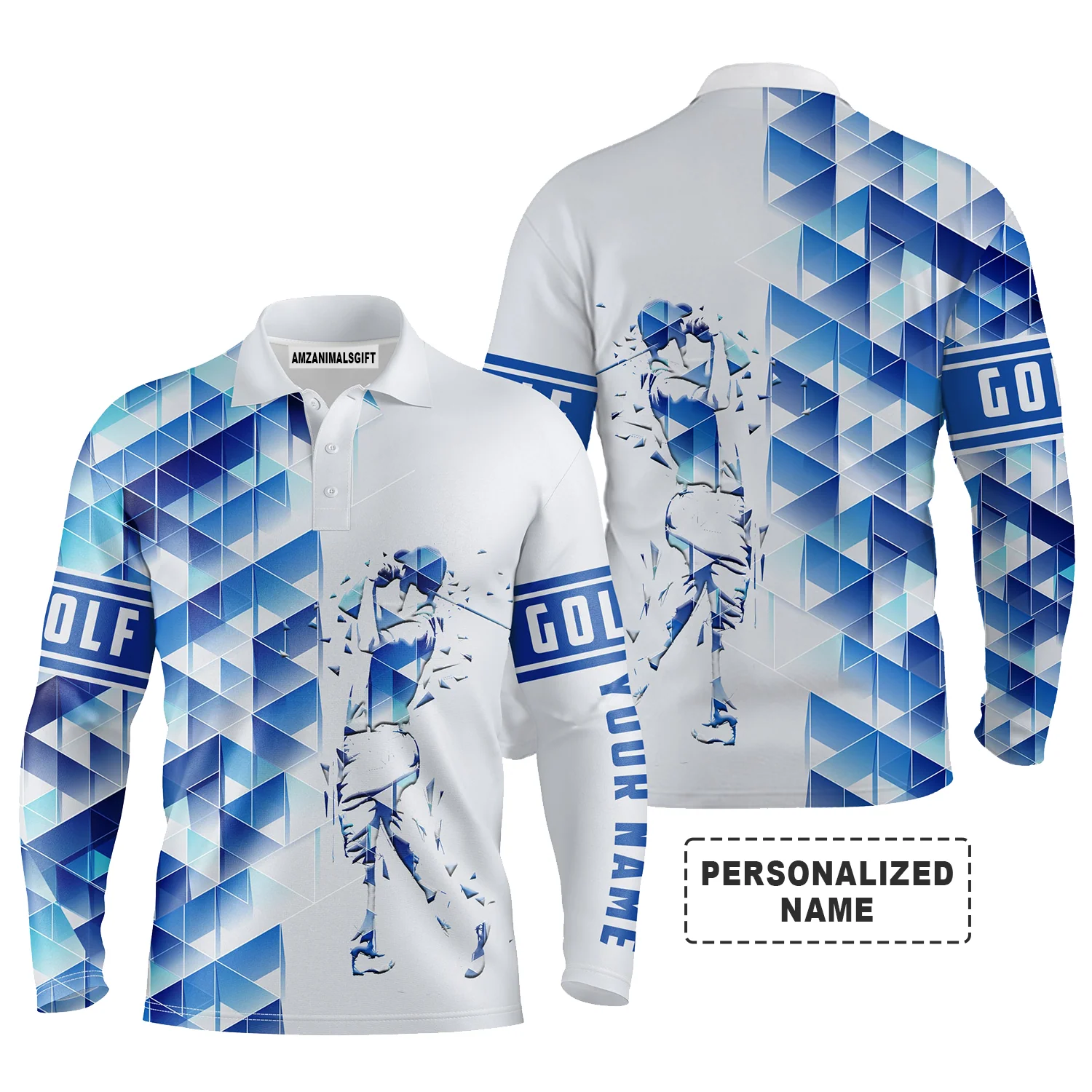 Personalized Name Golf Long Sleeve Polo Shirt Blue Diamond Pattern Golfing Apparel, Best Gift And Outfit For Golf Lover, Golfer, Team - Image 2