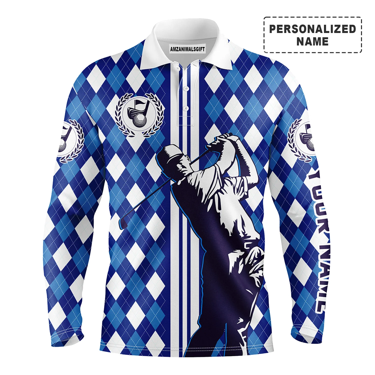 Personalized Name Golf Long sleeve Polo Shirts, Blue Argyle Pattern Men Golfing Apparel, Perfect Gift And Outfit For Golf Lovers, Team, Golfer - Image 2