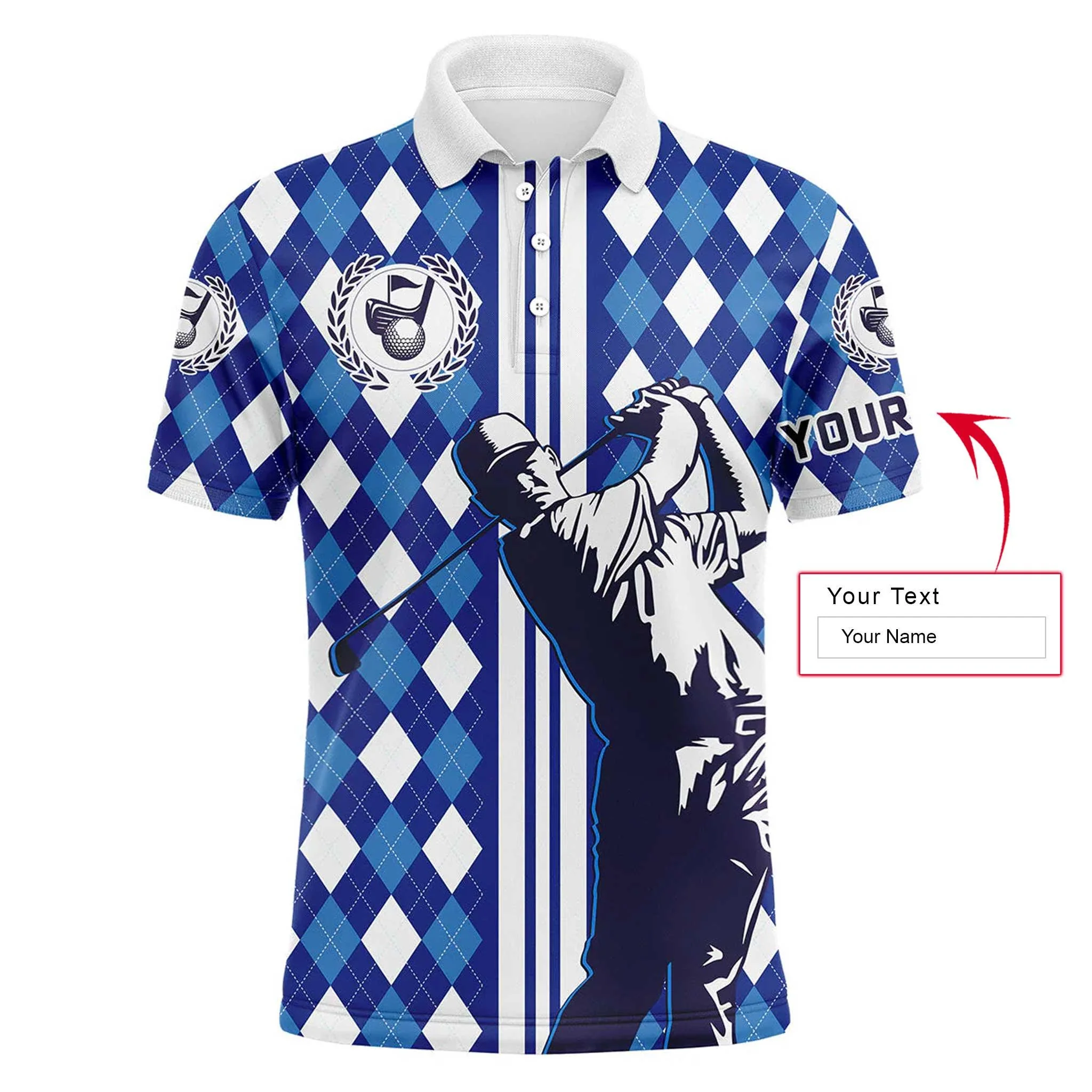 Personalized Name Golf Long sleeve Polo Shirts, Blue Argyle Pattern Men Golfing Apparel, Perfect Gift And Outfit For Golf Lovers, Team, Golfer - Image 3