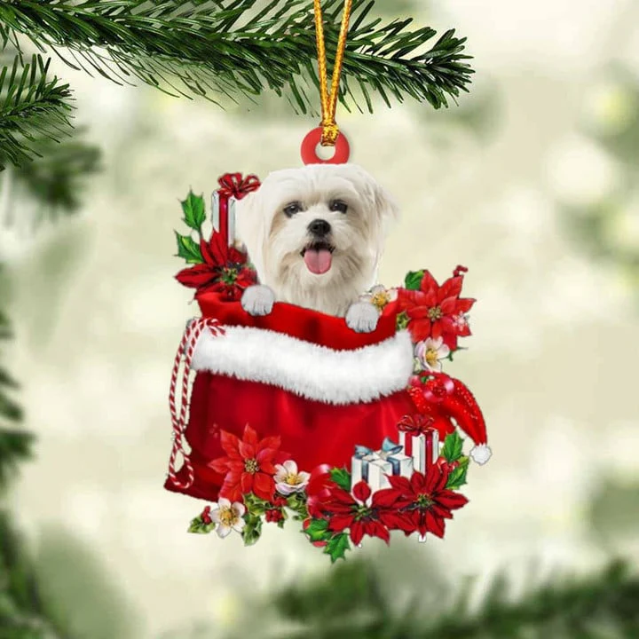 Personalized Name Maltese In Red Gift Bag Acrylic Christmas Ornament, Custom Christmas Gift For Dog Lovers, Dog Mom
