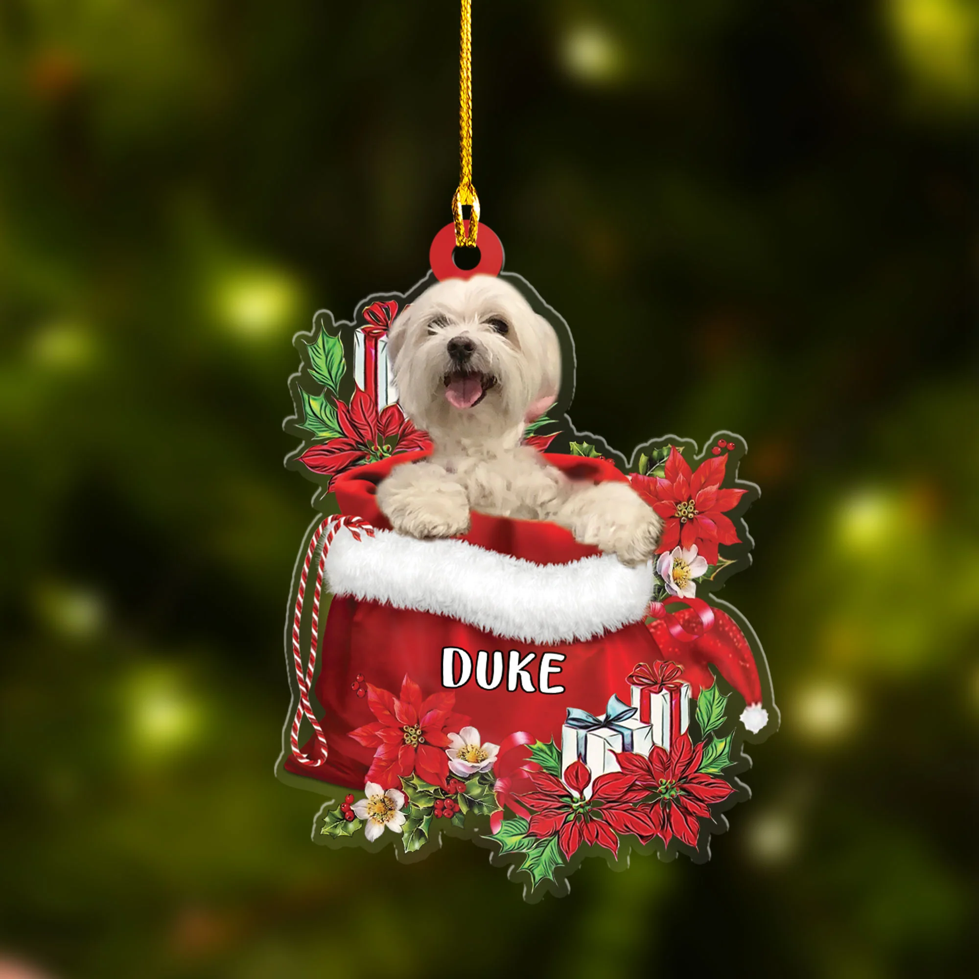 Personalized Name Maltese In Red Gift Bag Acrylic Christmas Ornament, Custom Christmas Gift For Dog Lovers, Dog Mom - Image 2