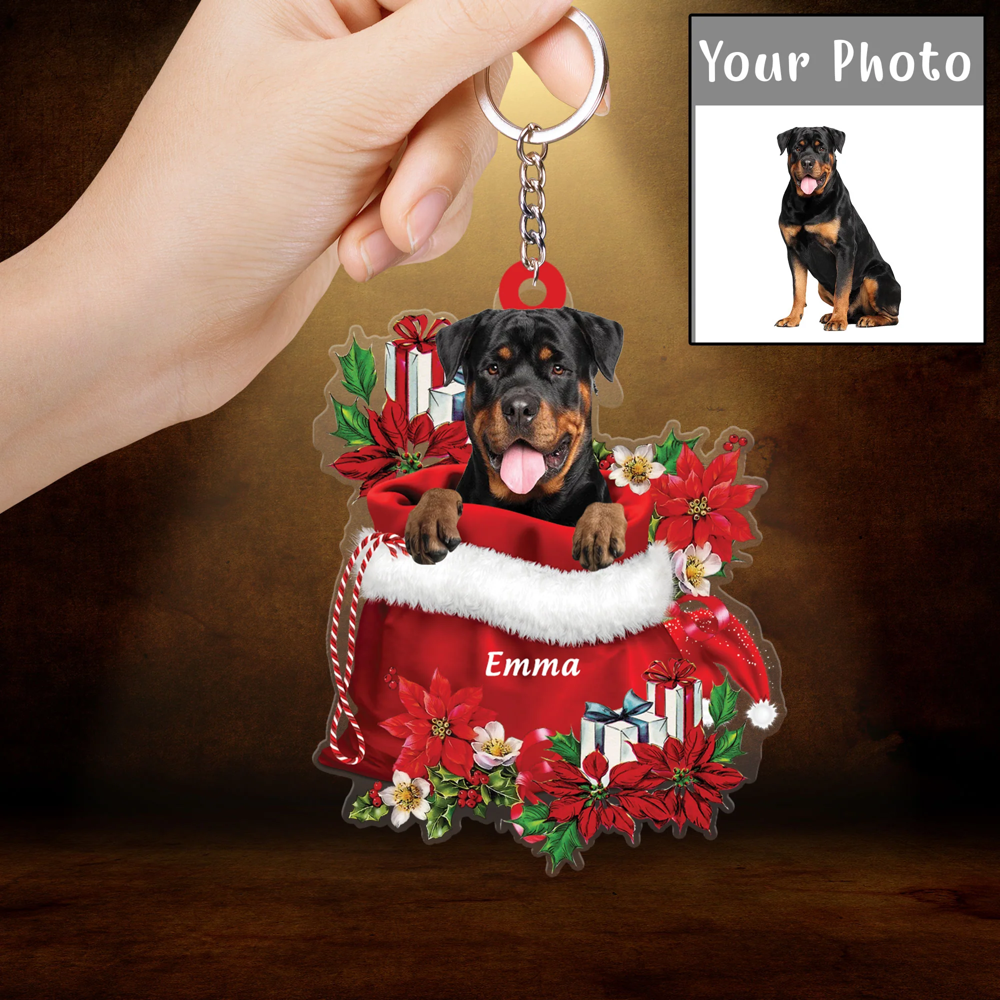 Personalized Name Rottweiler In Red Gift Bag Christmas Acrylic Keychain, Custom Christmas Gift For Dog Lovers, Dog Mom - Image 2