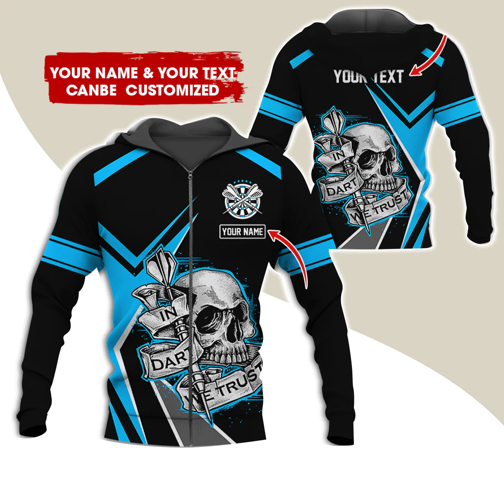 Personalized Name Skull Darts Premium Zip Hoodie , Custom Skull In Dart We Trust Zip Hoodie For Men & Women - Gift For Darts Lovers, Darts Players