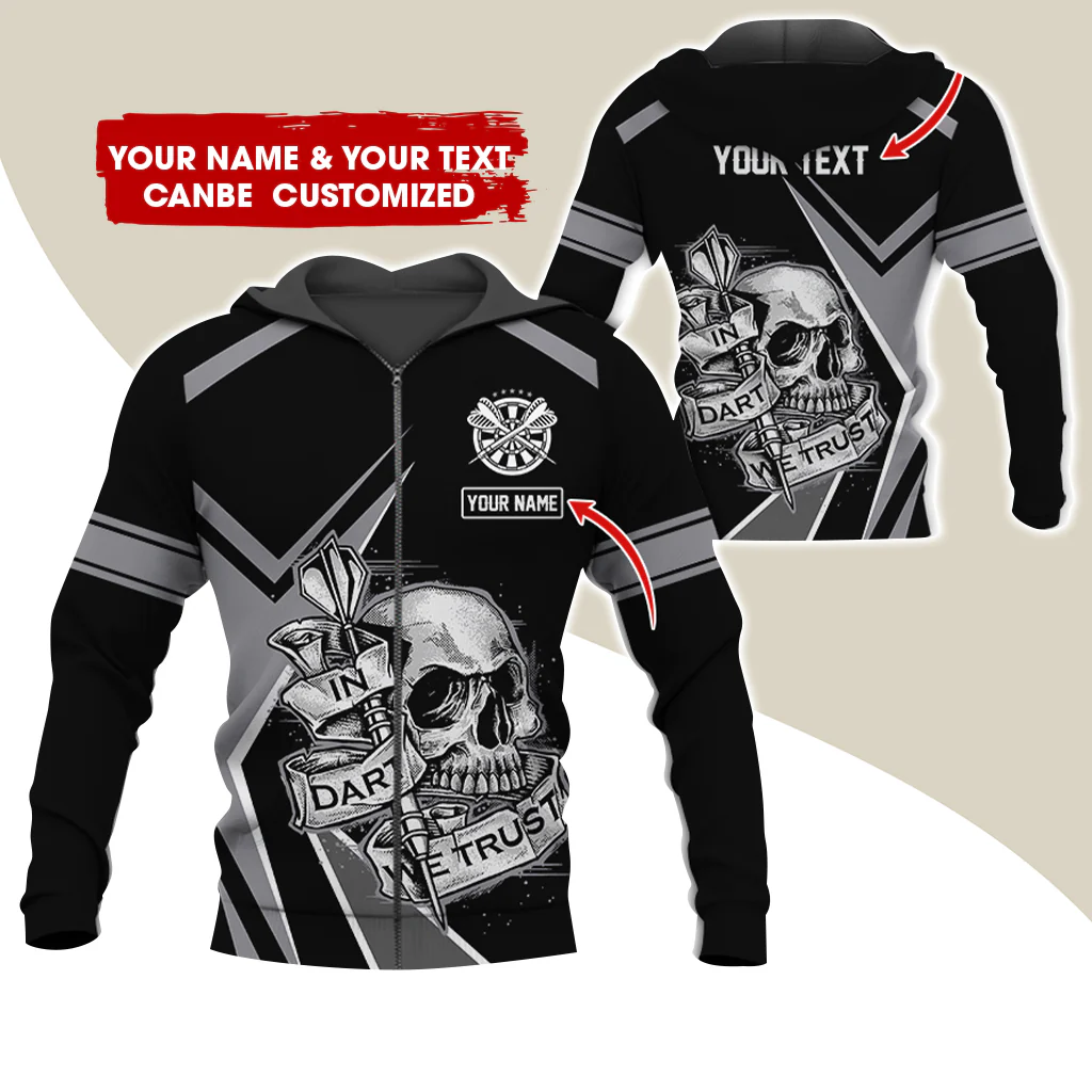 Personalized Name Skull Darts Premium Zip Hoodie , Custom Skull In Dart We Trust Zip Hoodie For Men & Women - Gift For Darts Lovers, Darts Players - Image 2