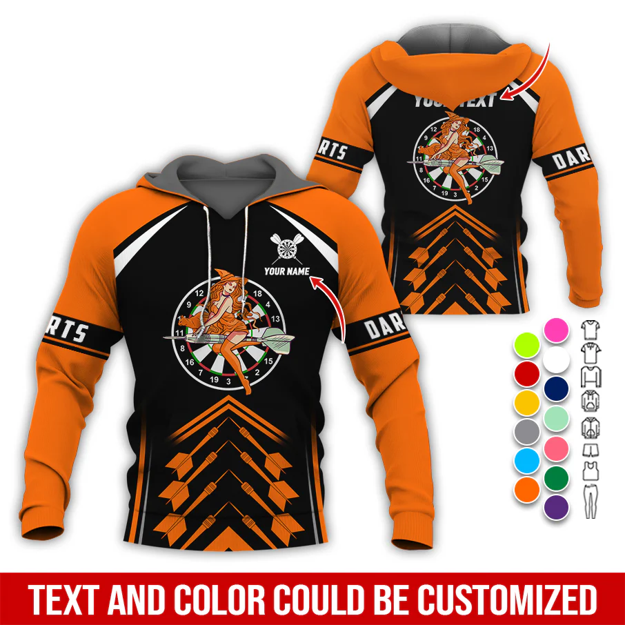 Personalized Name & Text Darts Premium Hoodie, Witch Riding Broom & Darts Hoodie, Perfect Gift For Darts Lovers, Friend, Family - Image 10