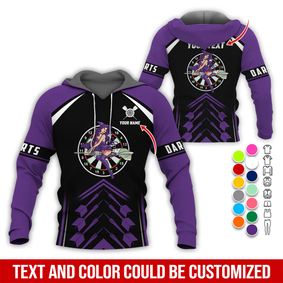 Personalized Name & Text Darts Premium Hoodie, Witch Riding Broom & Darts Hoodie, Perfect Gift For Darts Lovers, Friend, Family - Image 12