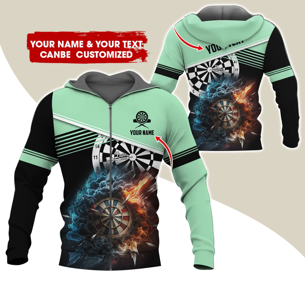 Personalized Name & Text Darts Premium Zip Hoodie, Customized Name Cloudy Fire Darts Zip Hoodie For Men & Women - Gift For Darts Lovers, Darts Players - Image 4