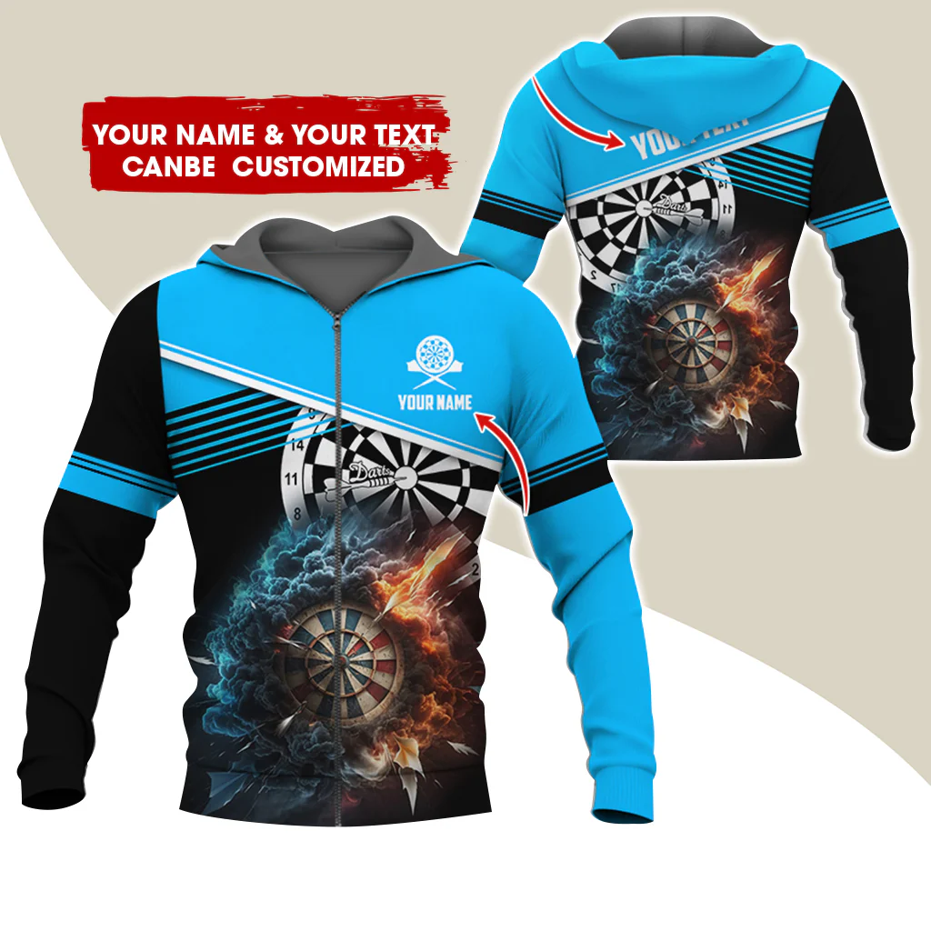 Personalized Name & Text Darts Premium Zip Hoodie, Customized Name Cloudy Fire Darts Zip Hoodie For Men & Women - Gift For Darts Lovers, Darts Players - Image 9