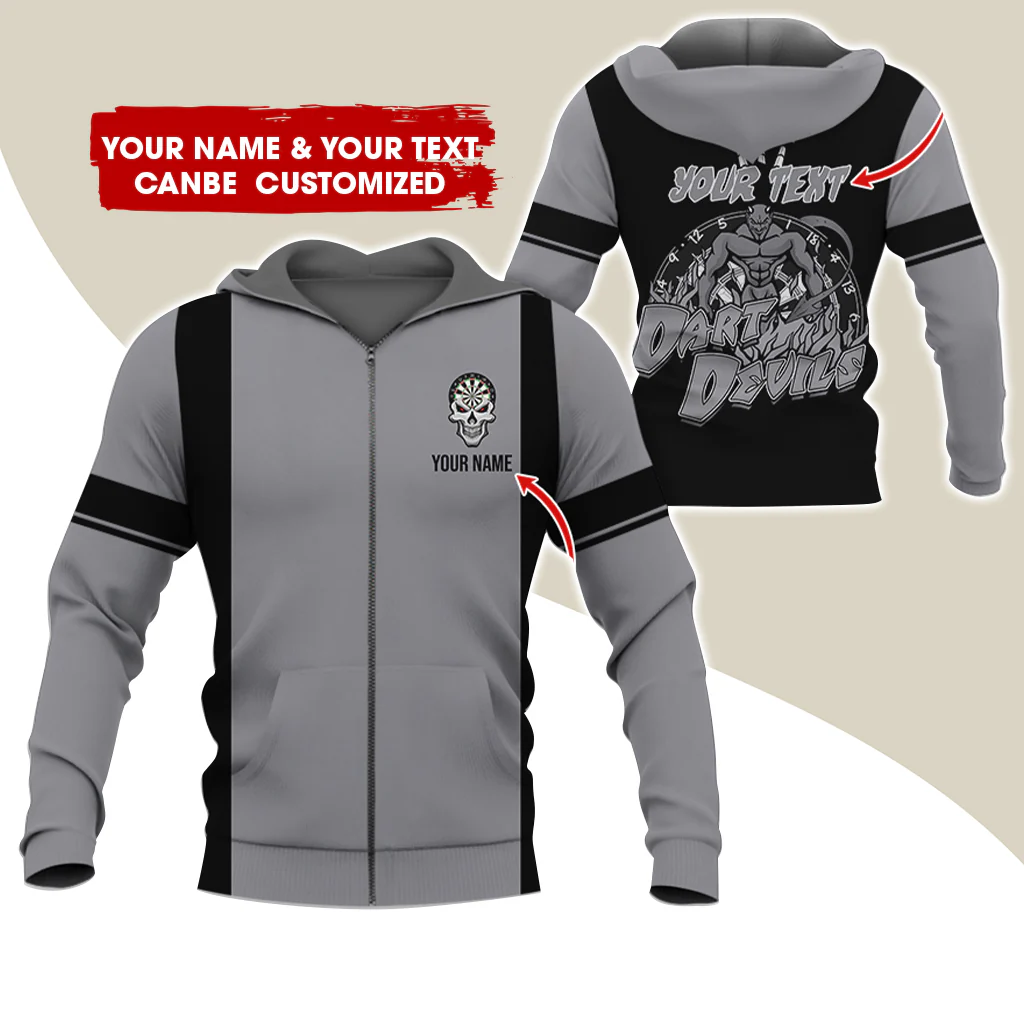 Personalized Name & Text Devils Darts Premium Zip Hoodie, Custom Name Dartboard Zip Hoodie For Men & Women - Gift For Darts Lovers, Darts Players - Image 3