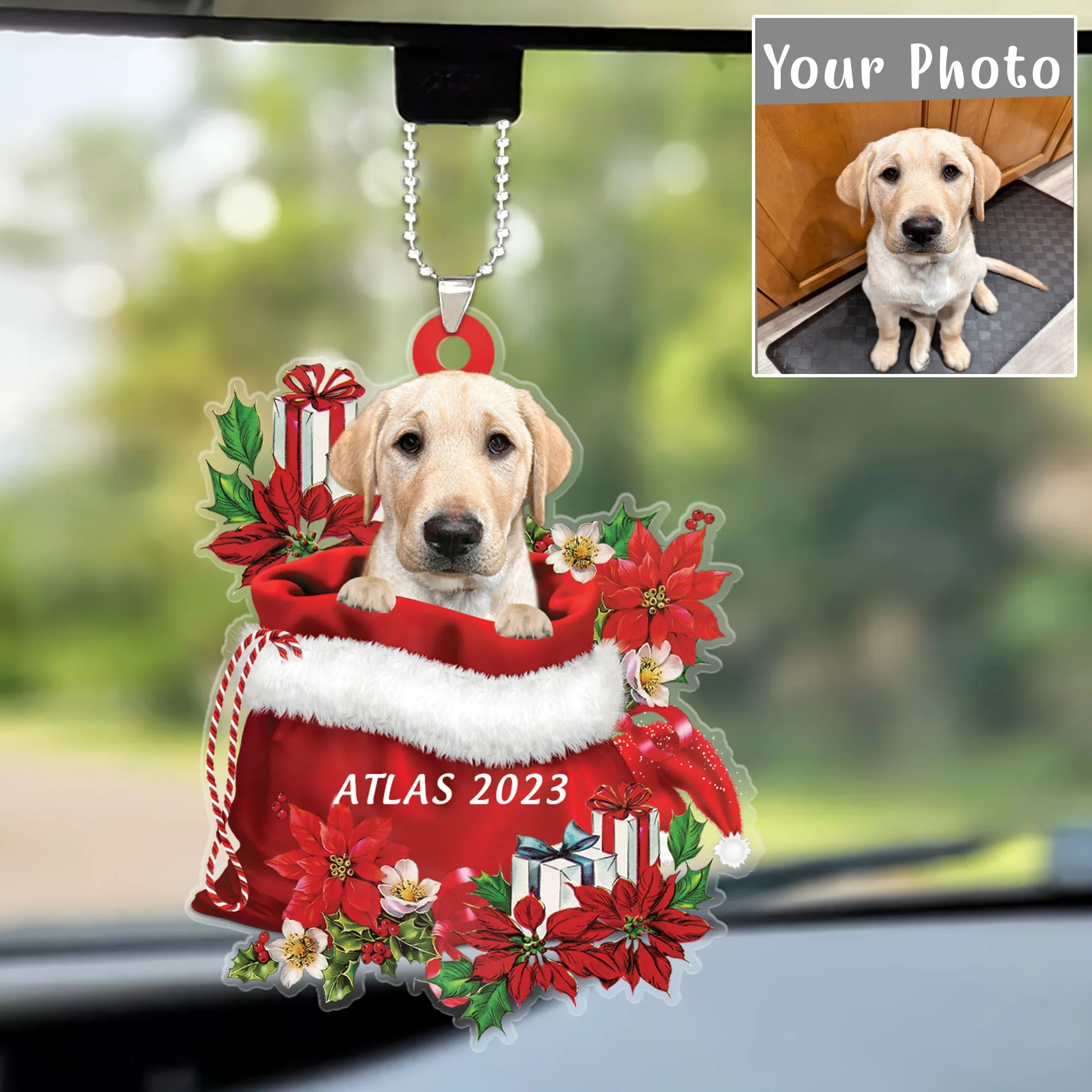 Personalized Name Yellow Labrador In Red Gift Bag Acrylic Christmas Ornament, Customized Christmas Gift For Dog Lovers, Dog Mom - Image 3