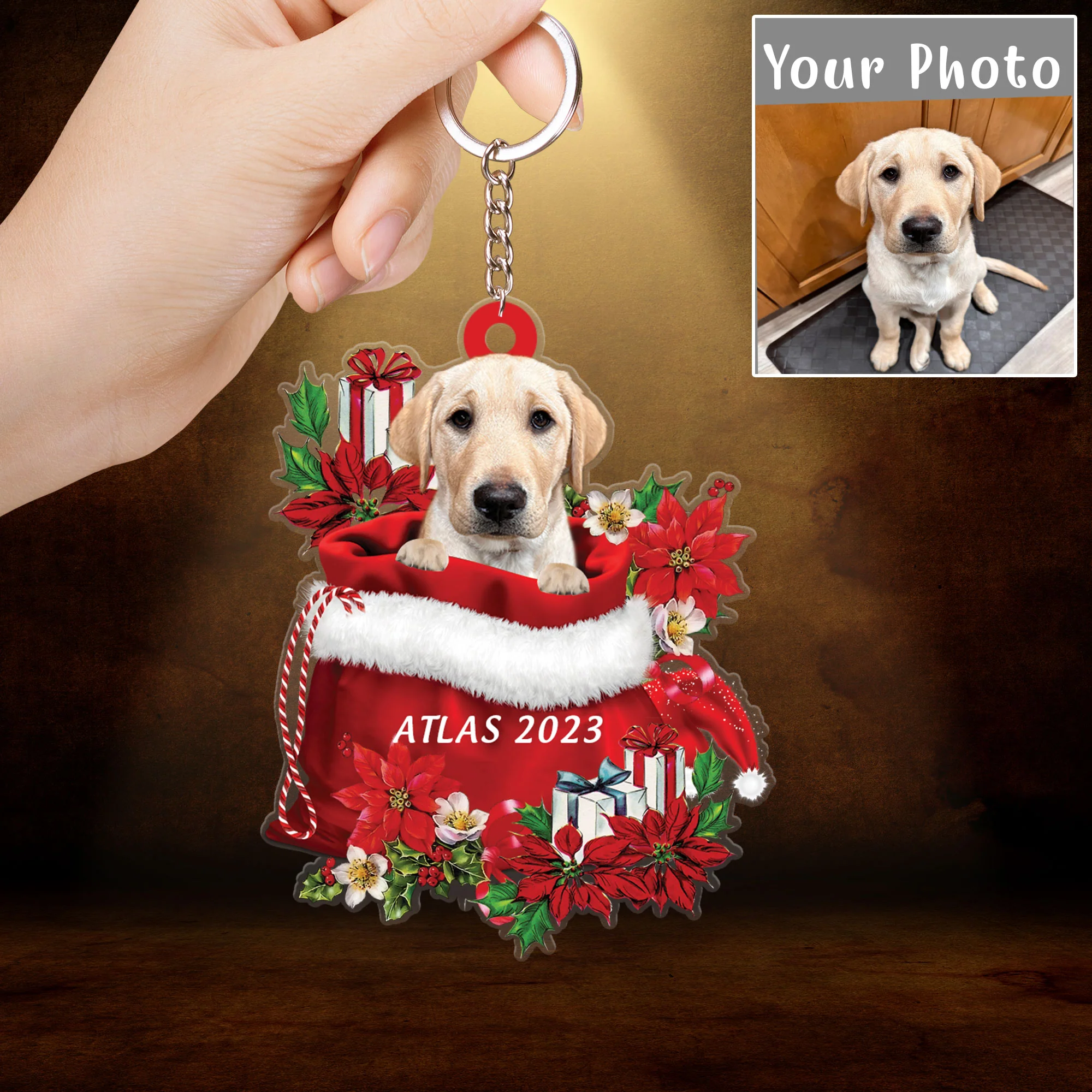 Personalized Name Yellow Labrador In Red Gift Bag Acrylic Christmas Ornament, Customized Christmas Gift For Dog Lovers, Dog Mom - Image 4