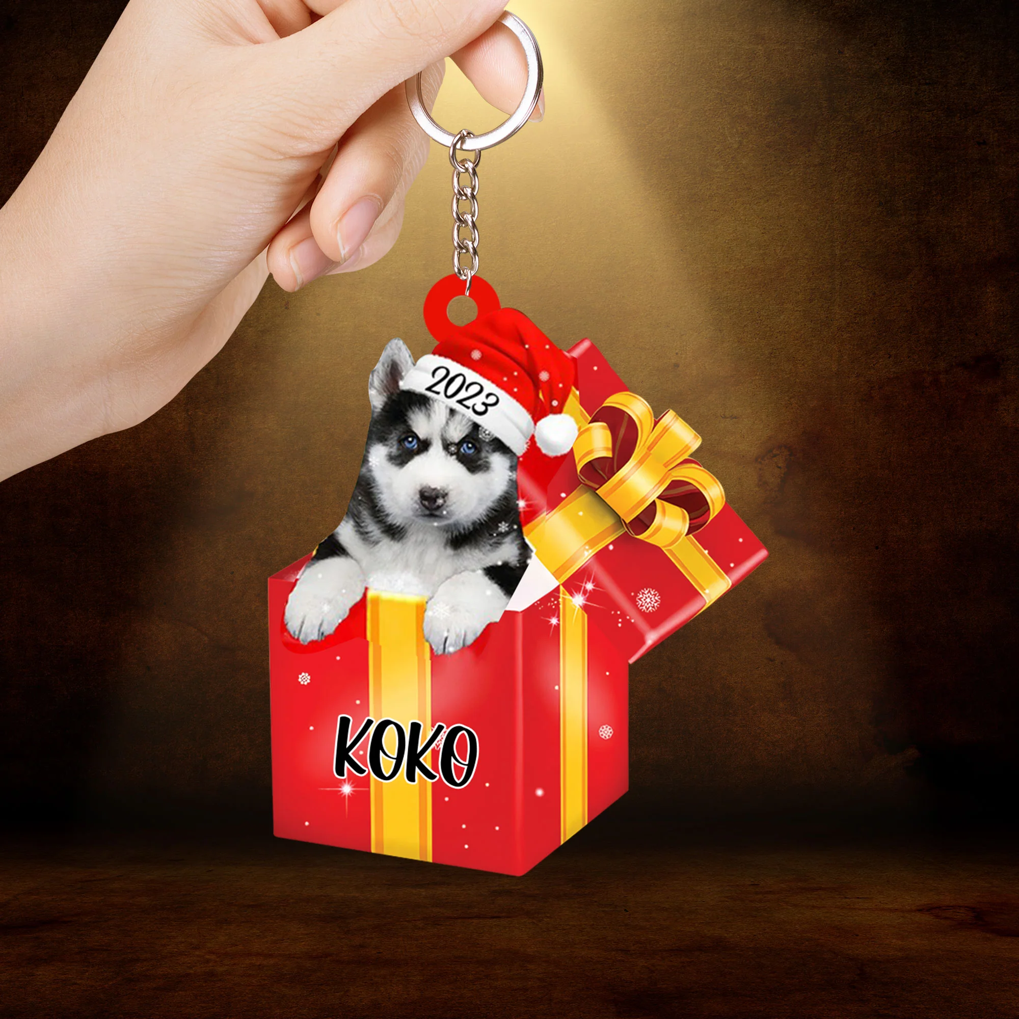 Personalized Siberian Husky In Red Gift Box Acrylic Keychain Custom Name Pet Christmas Keychain - Gift For Dog Lovers, Pet Lovers - Image 2