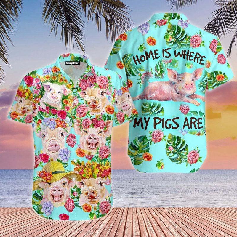 Pig Aloha Hawaiian Shirt - Farmer Pig Rose Flowers Hawaiian Shirt, Home Is Where My Pigs Are Hawaiian Shirt For Men & Women, Pig Lover