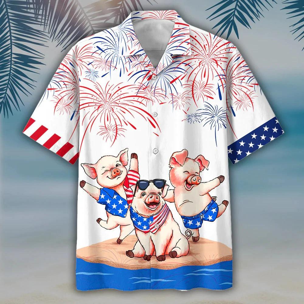 Pig Independence Day Aloha Hawaiian Shirts For Summer, Happy 4th Of July Pig Hawaiian Shirt For Men Women, Special Gift For Pig Lovers, Fourth Of July