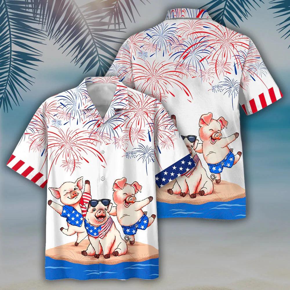 Pig Independence Day Aloha Hawaiian Shirts For Summer, Happy 4th Of July Pig Hawaiian Shirt For Men Women, Special Gift For Pig Lovers, Fourth Of July - Image 2