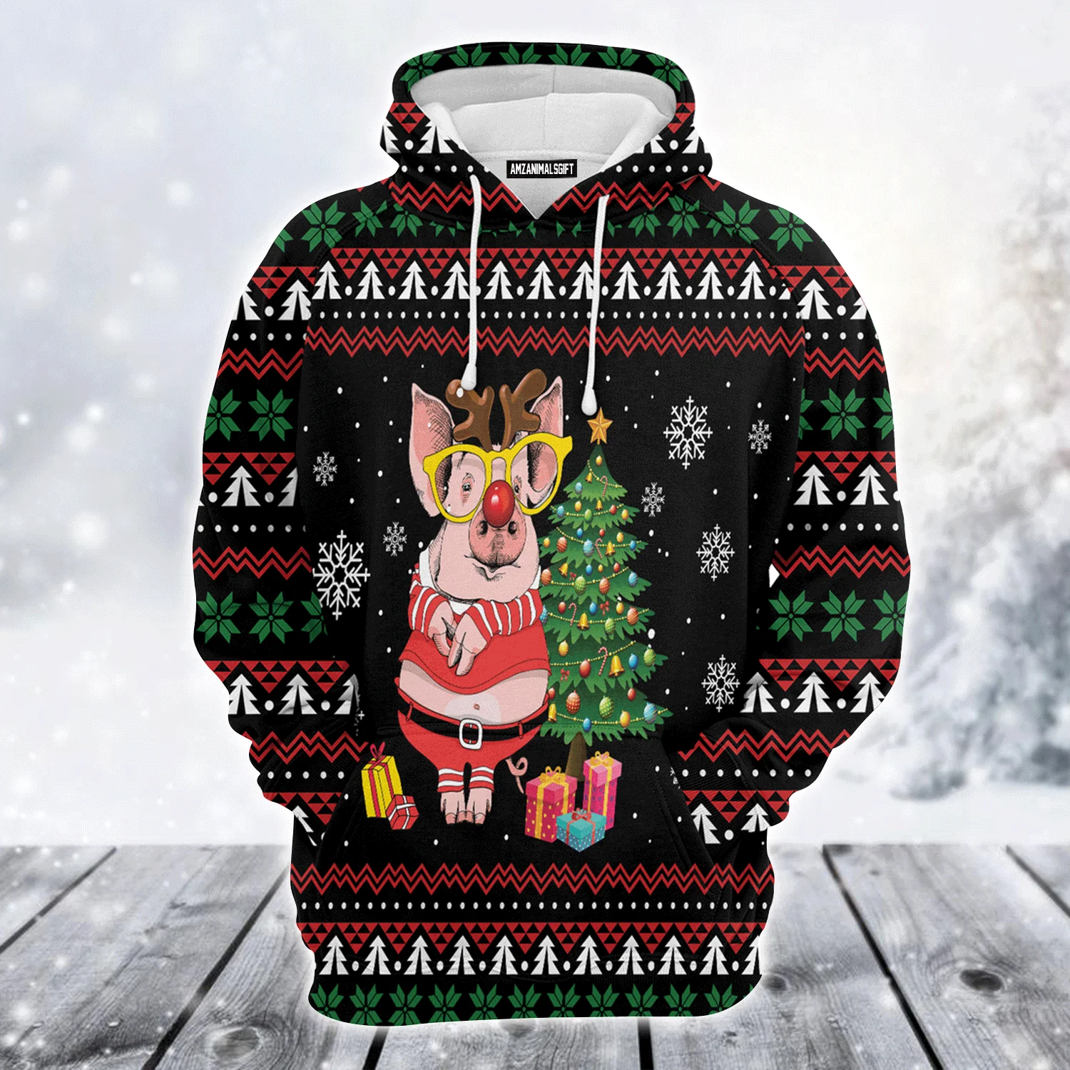 Pig Premium Christmas Hoodie, Pig Reindeer Unisex Hoodie For Men & Women - Perfect Gift For Christmas, Pig Lover - Image 2