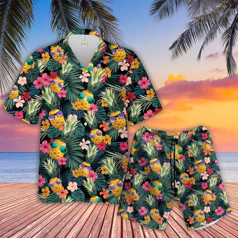 Pineapple Glasses Aloha Hawaiian Shirts For Summer, Tropical Theme Hawaiian Set Vacation Clothing For Men Women, Gift For Friend, Family, Team