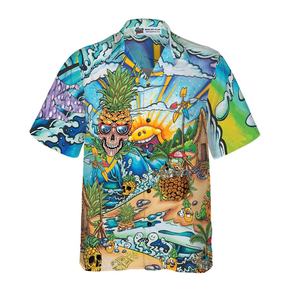 Pineapple Skull Beach Hawaiian Shirt, Pineapple Hawaiian Shirt, Colorful Summer Aloha Shirt - Perfect Gift For Men, Women, Husband, Friend, Family - Image 2