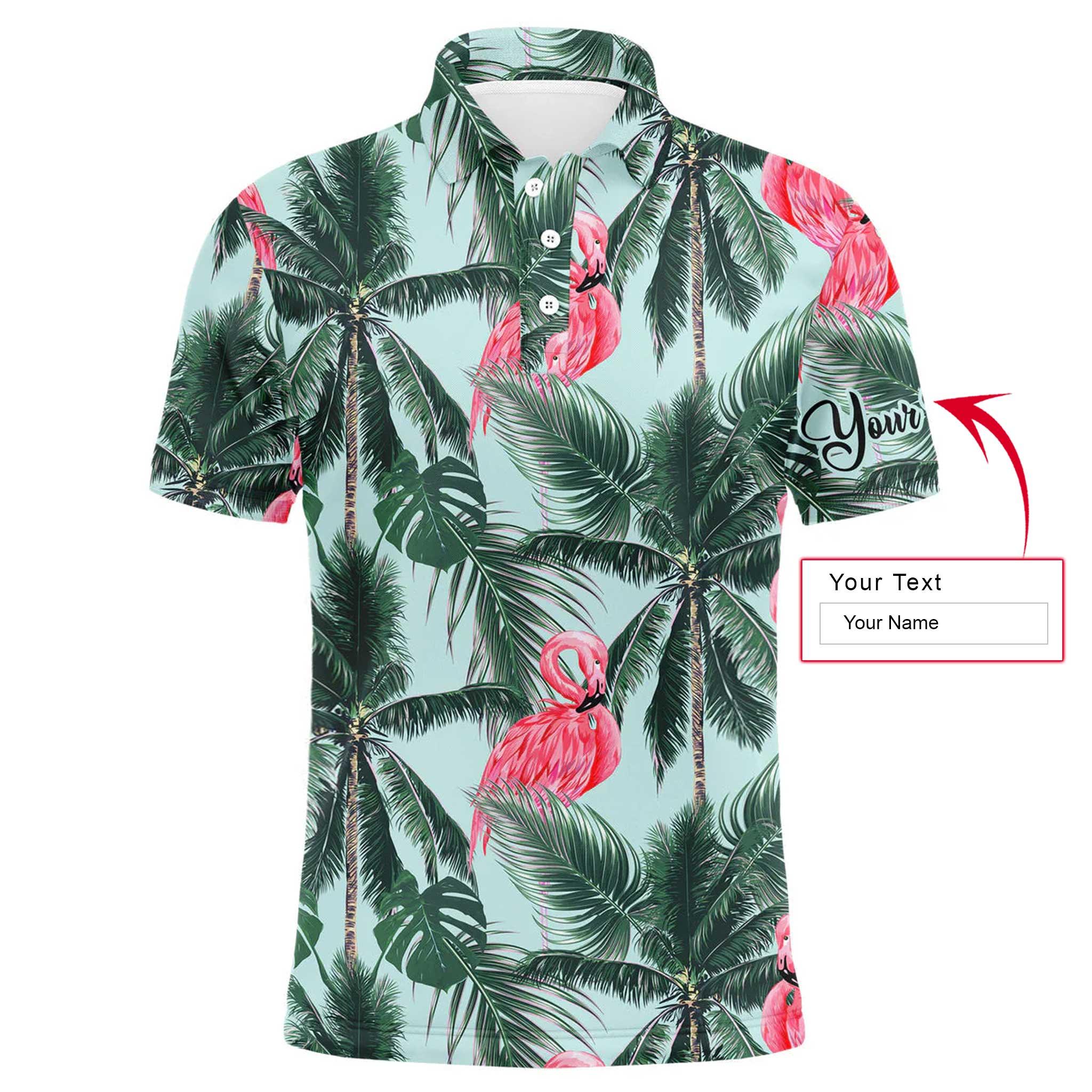 Pink Flamingo Tropical Palm Leaves Long Sleeve Polo Shirt Custom Name Men Apparel, Personalized Outfit For Flamingo Lovers, Men And Women - Image 3