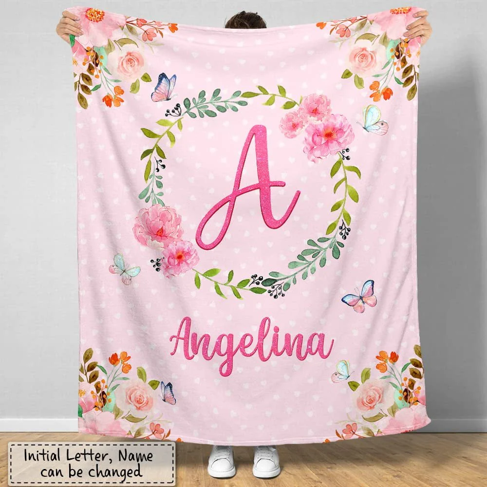 Pink Floral Monogram Baby Kids Blanket With Custom Name For Baby Girl Nursery, Daughter, Granddaughter - Image 2