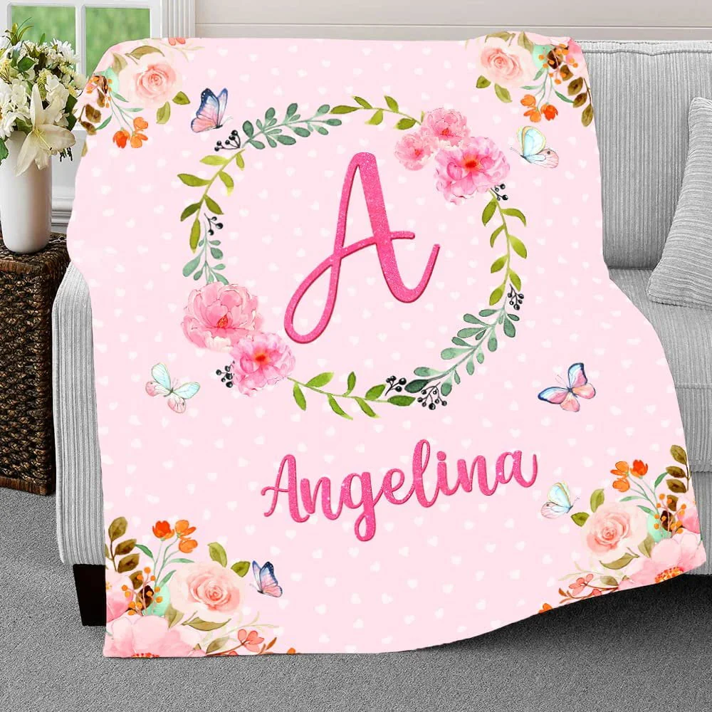 Pink Floral Monogram Baby Kids Blanket With Custom Name For Baby Girl Nursery, Daughter, Granddaughter - Image 3