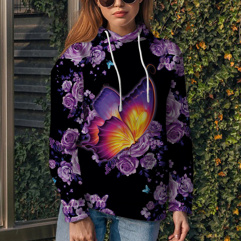 Pink Flower Butterfly Pullover Premium Hoodie, Perfect Outfit For Men And Women On Christmas New Year Autumn Winter - Image 2