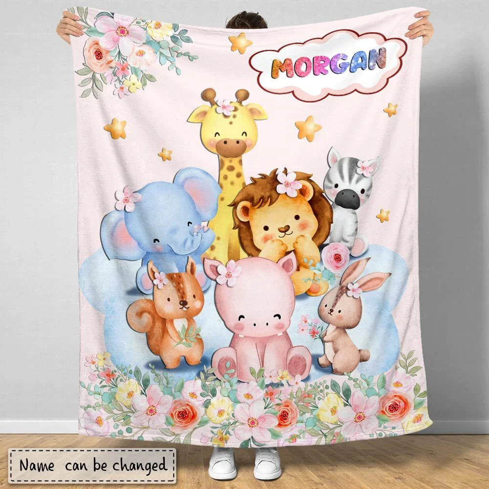 Pink Woodland Animals Baby Kids Blanket With Custom Name For Baby Girl Nursery, Daughter, Granddaughter - Image 2