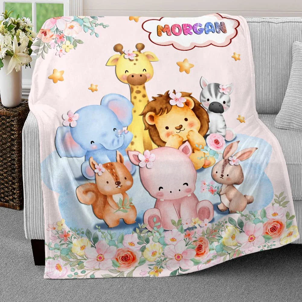 Pink Woodland Animals Baby Kids Blanket With Custom Name For Baby Girl Nursery, Daughter, Granddaughter - Image 3