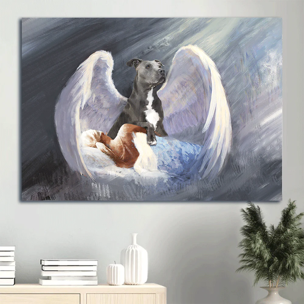Pit Bull Premium Wrapped Landscape Canvas - Pit Bull, Sleeping Girl, Beautiful Wings, I'll Protect You - Perfect Gift For Pit Bull Lovers