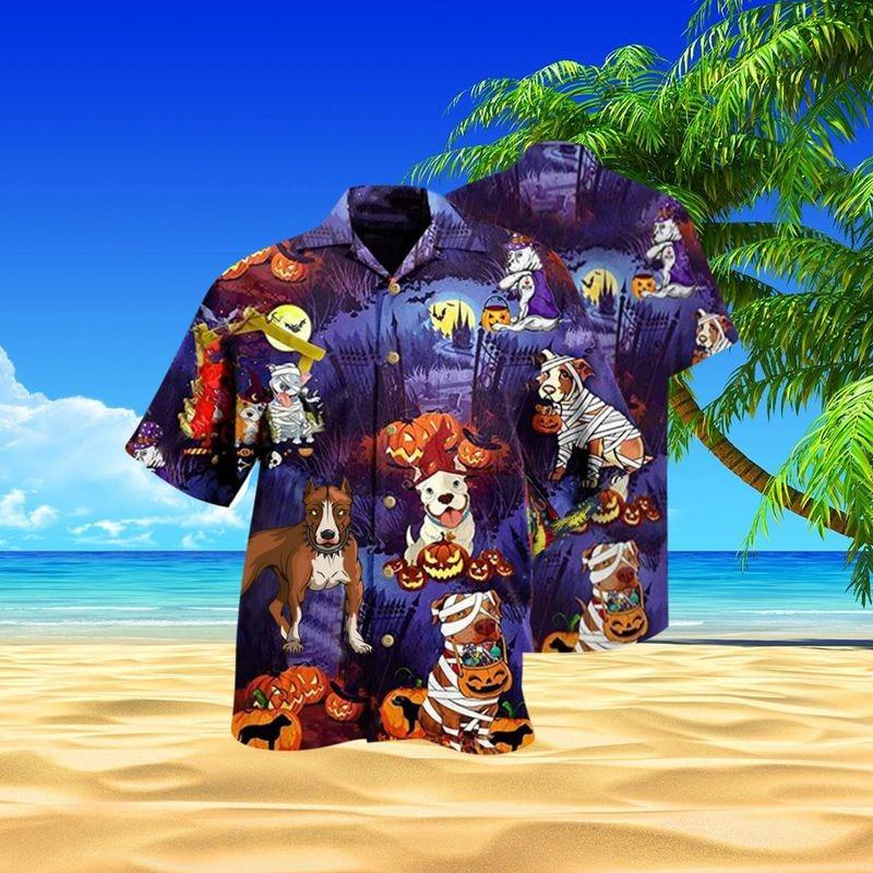 Pitbull Aloha Hawaiian Shirt - The Pitbull Dog Pumpkin Hawaiian Shirt, Halloween Pattern Hawaiian Shirt For Men & Women, Pitbull Lover