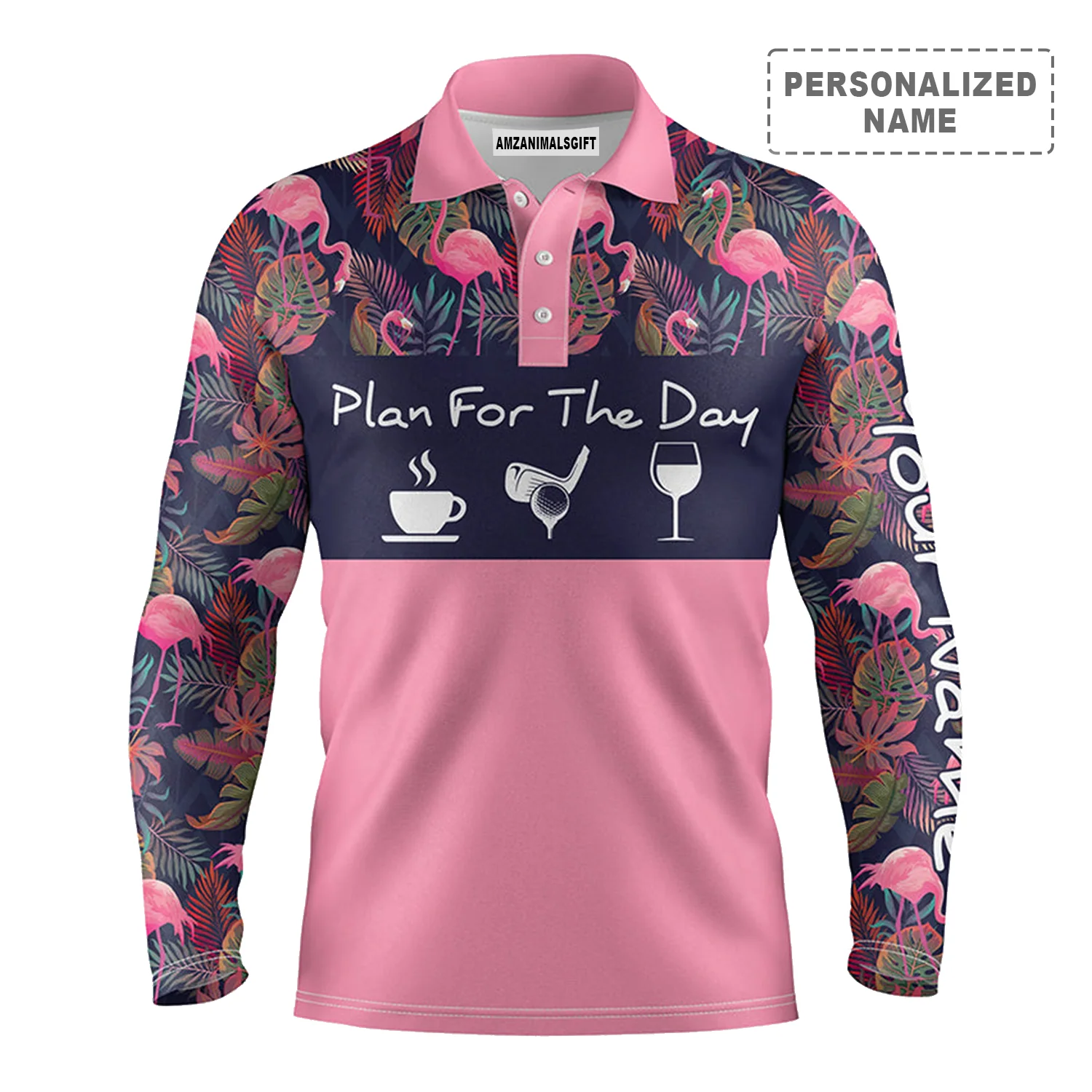 Plan Golf Coffee Wine Tropical Leaves Pink Flamingo Long Sleeve Polo Shirt Customized Name For Men, Personalized Golf Outfit For Golfers, Team - Image 2