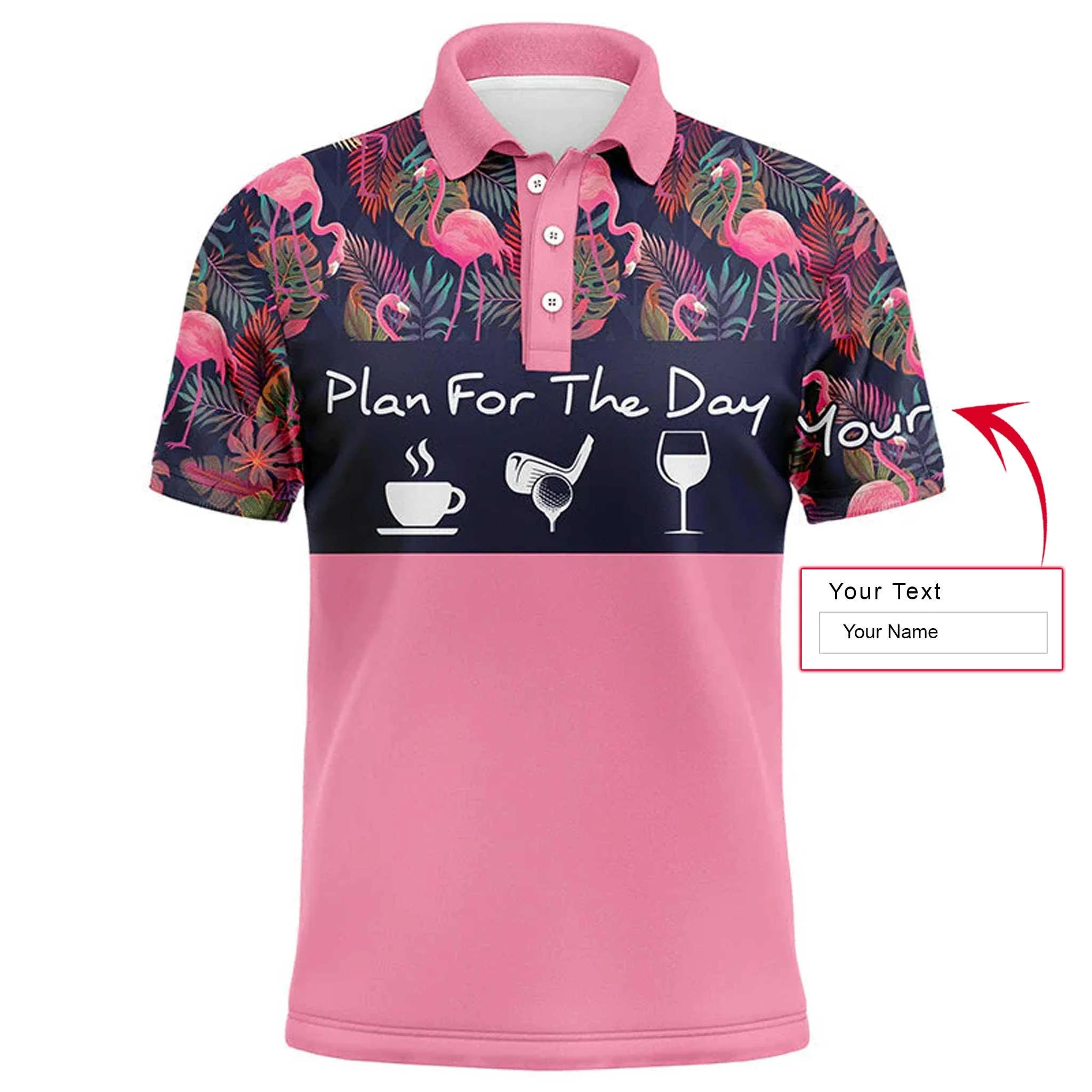 Plan Golf Coffee Wine Tropical Leaves Pink Flamingo Long Sleeve Polo Shirt Customized Name For Men, Personalized Golf Outfit For Golfers, Team - Image 3