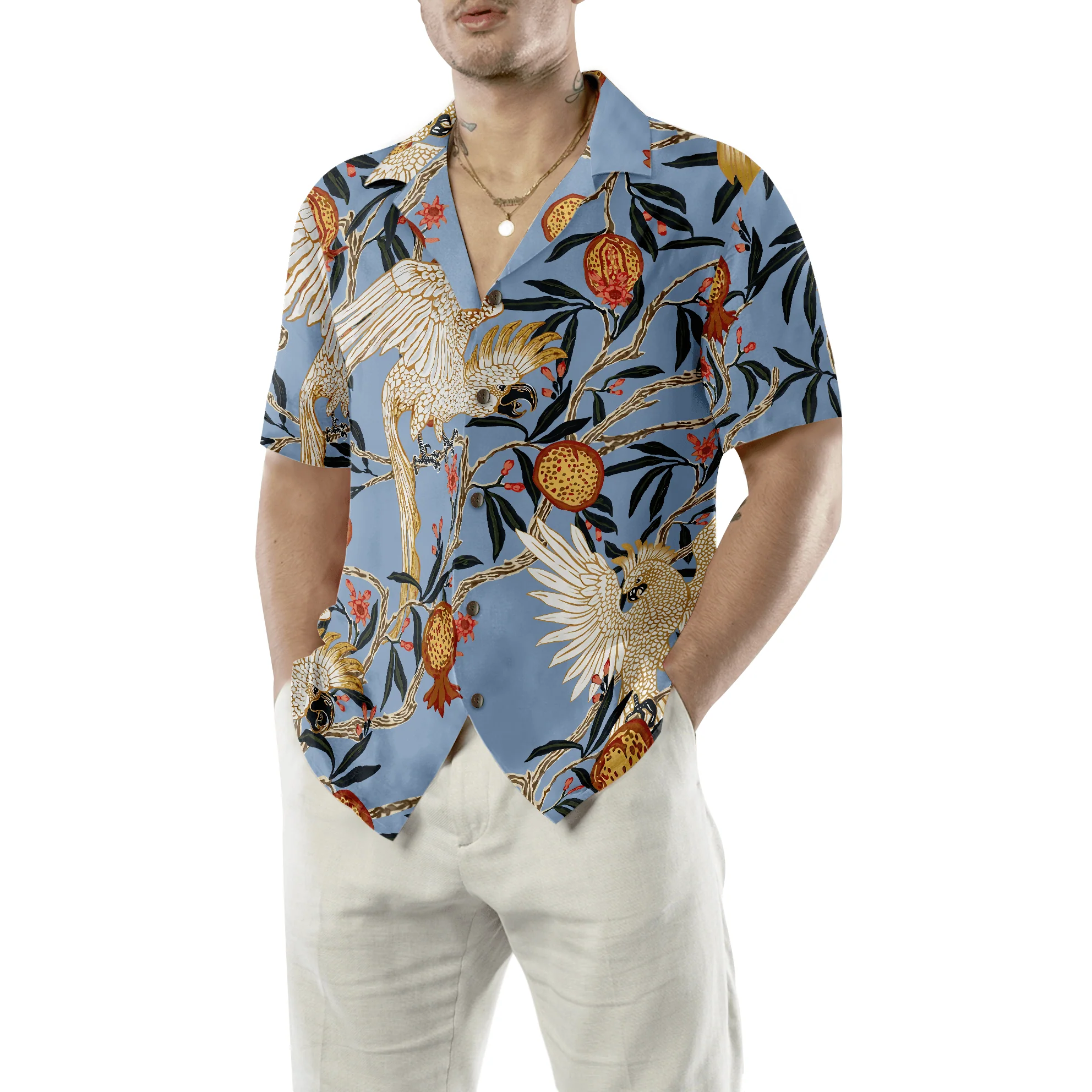 Pomegranates And Cockatoos Hawaiian Shirt, Colorful Summer Aloha Shirts For Men Women, Perfect Gift For Husband, Wife, Boyfriend, Friend - Image 3