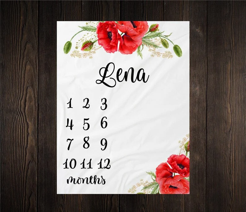 Poppies Flower Baby Kids Milestone Blanket With Customized Name For Baby Girl Nursery, Daughter, Granddaughter, Month Gifts