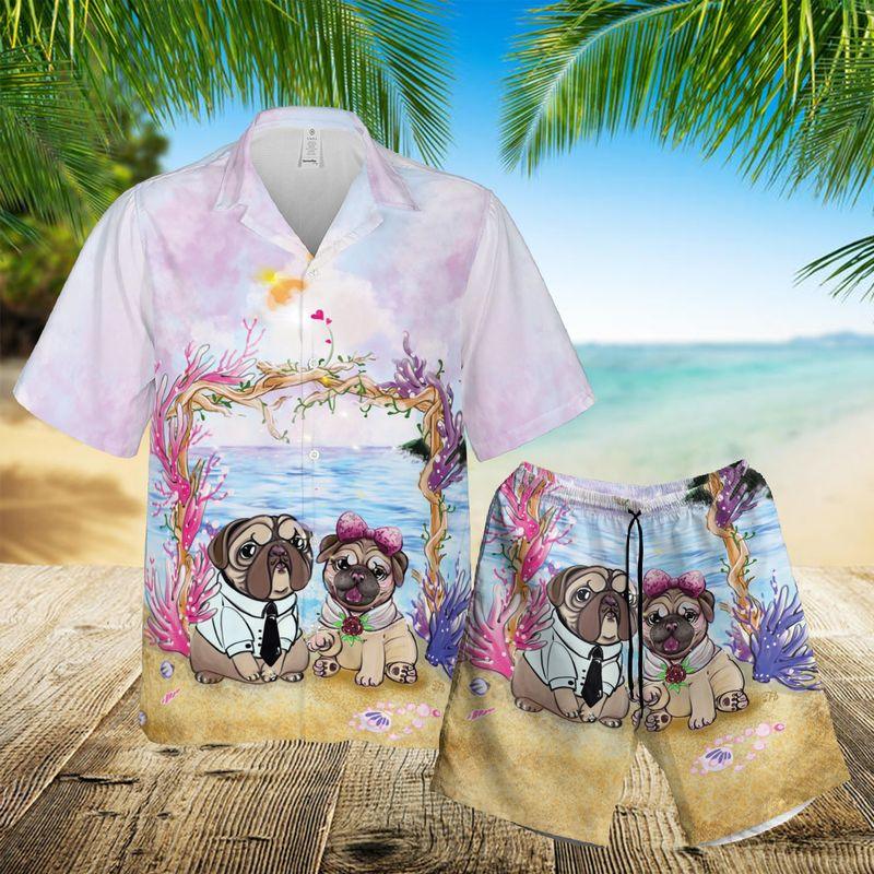 Pug Couple Aloha Hawaiian Shirts For Summer, Dog Valentine Couple Pug Lady Pug Dad Hawaiian Set For Men Women, Gift For Friend, Family, Dog Lovers