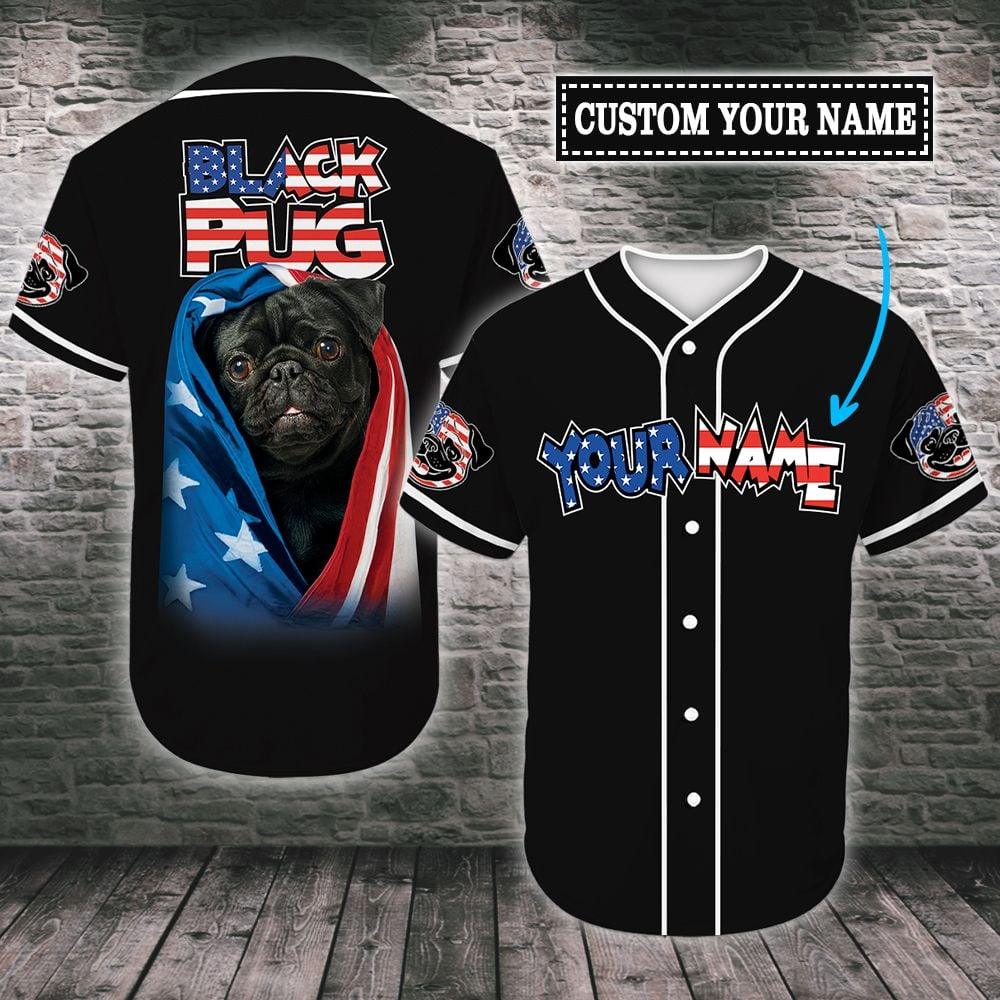 Pug Custom Name Baseball Jersey, Personalized Black Pug American Flag Baseball Tee Jersey Shirt Men Women, Gift For Dog Lovers, Dad Mom Dog