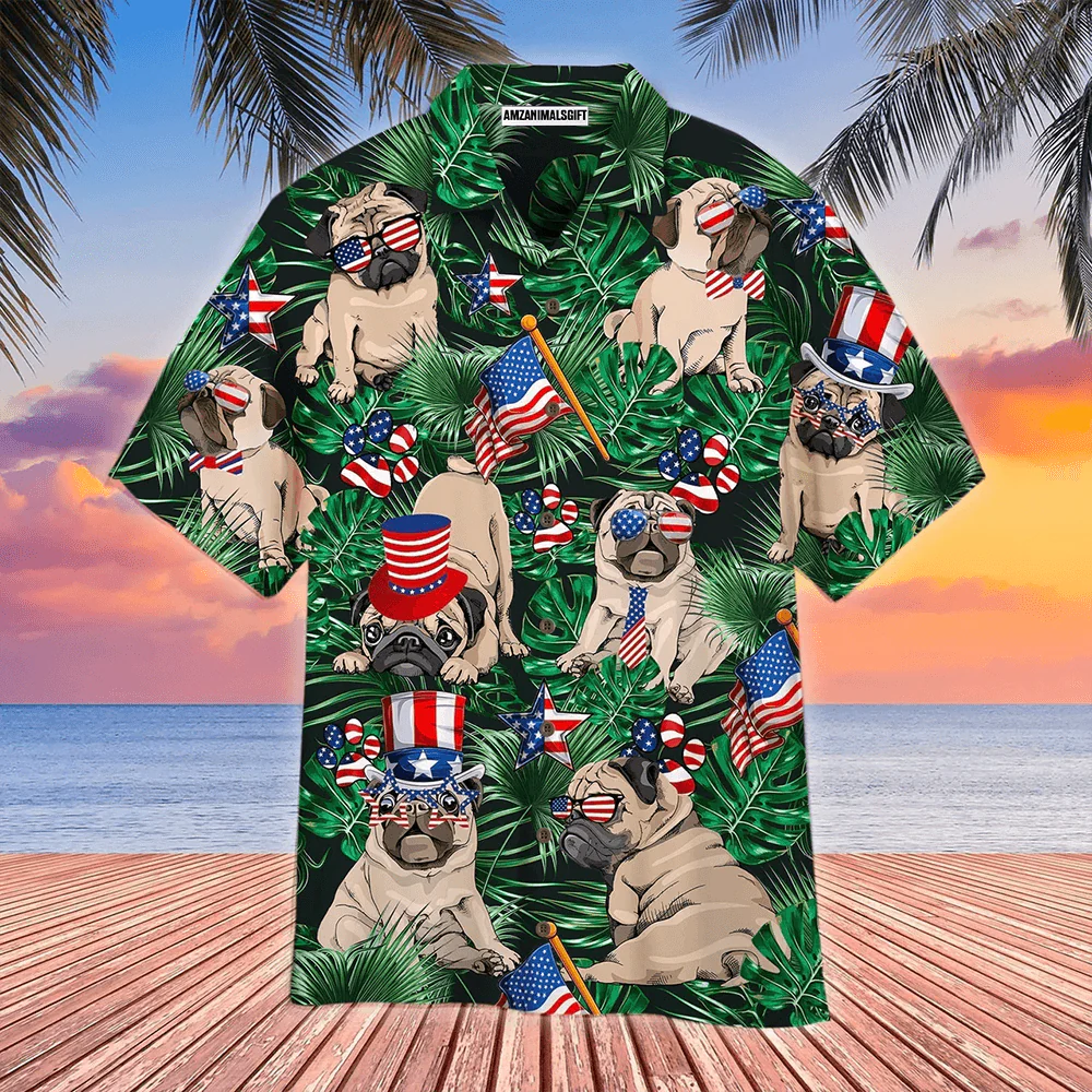 Pug Dog Happy 4th Of July Independence Day Aloha Hawaiian Shirts For Men Women, American Flag Hawaiian Shirt, Gift For Summer, Patriot, Dog Lovers