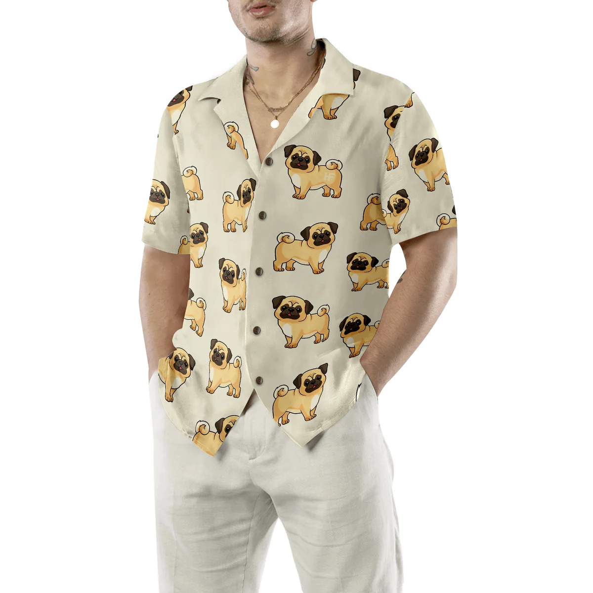 Pug Hawaiian Shirt, Cute Pug Aloha Shirt For Men - Perfect Gift For Pug Lover, Husband, Boyfriend, Friend, Family - Image 4